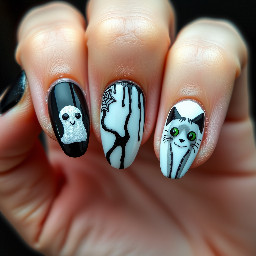 Design an image of oval shaped nails, 1 hand should have a black background with a white ghost on the middle finger and on the pointer finger should be a black background with a white spider web. The remainder should be sparkly black. On the other hand, the pointer finger should be white with a black drip from the nail bed towards the tip. The middle finger should have a white background with a cat, where just the eyes and ears are on the tip of the nail. The remainder should be sparkly black.