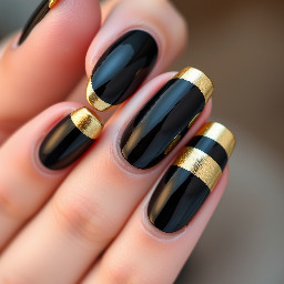 Black almond nails with a gold French tip
