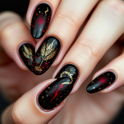 A dark soft gothic persephone inspired set, with main colors being blood red, black and gold accents. The nail art should include symbols like wheat, pomegranate grains, stars and the ouroboros snake. The shape of the nails is medium almond.