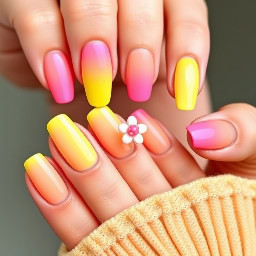 The Main 8 Nails: A flawless, seamless color gradient. It starts at the base of your cuticle as a bright, creamy, sun-drenched lemonade yellow. As it reaches the middle of the nail, it softly blends into a juicy, vibrant strawberry pink that covers the entire tip. The finish is ultra-slick and glass-like, catching the light whenever you move your hands.The 2 Ring Fingers: These nails completely skip the ombré blend. Instead, they are painted a smooth, rich, solid coat of that same lemon yellow.The 2 Built-In Charms: Sitting perfectly in the center of your solid yellow ring fingers is a tiny, raised 3D flower charm. The flower is a soft, delicate pink that matches the pink tips of your other fingers, pulling the whole set together. It has a slight matte texture compared to the ultra-glossy nail base, making it pop out beautifully like a little piece of summer jewelry
