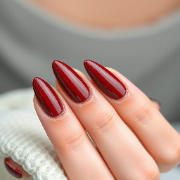sharper almond shape with like a dark brown red color with a simple design that's easy for beginners maybe some 3d gel art with gold chrome