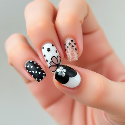 Thumb: either balck or white base with polka dots or with a base a dividere in between with one silver dot, index: white or black base and polka dots, middle; flower with blooming gel either of the colors, ring: french tip, pinky: a base with a divider.   Mix these on the other hand as well!