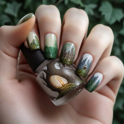 Can I have very simple lotr nails where the pinky fingernail has part of the map and the ring fingernail has the one ring and the middle fingernail has a hobbit door and the pointer fingernail has the white hand of Saruman and the thumb fingernail has the Gondor tree pls
