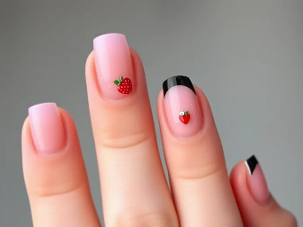 Right thumb  Sheer pink base + black French tip + 2 tiny white dots near the tip  Right index  Sheer pink base + strawberry-red/pink French tip  Right middle  Full sheer pink base + one small strawberry in the center  Right ring  Sheer pink base + black French tip + 2–3 tiny rhinestones  Right pinky  Sheer pink base + red/pink French tip  Left thumb  Sheer pink base + pink/red French tip with a thin black outline  Left index  Sheer pink base + black French tip  Left middle  Sheer pink base + 2 tiny strawberries toward one side  Left ring  Sheer pink base + pink/red French tip + rhinestones  Left pinky  Sheer pink base + black French tip