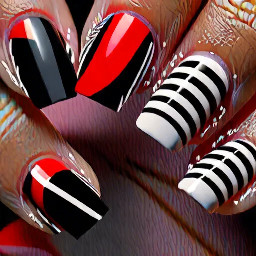 Black base, every nail (besides the middle one) have simple, white stripes. The middle one has only red spiral on the middle
