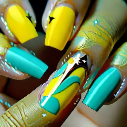 I want yellow french top on almond nails with some turquoise details (waves or an outline of the base of the french tip) with also some gold details ie like a moon, stars