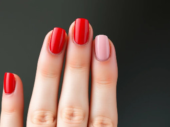 Red pointer finer nail, pinky nail and thumb nail. Light pink middle finger nail and ring finger nail. Red sideways tip on middle finger nail and finger finger nail