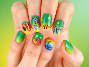 Generate an image of a nail design, all 10 nails, for an Australian trip inspo. Unify the nails with Australia's national colors of green and yellow in the background - ombre, standalone. Each nail should feature a distinctly Australian element - a koala, the clownfish, boomerang, coral (from the great barrier reef), etc. you can mix 3D elements and painted elements, but favor 3D where possible.