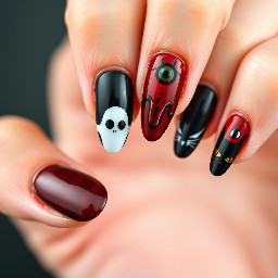almond nails with the thumb as deep red almost brown with cat's eye, the pointer finger having a black base and the other half has blood dripping, the middle finger has a red base and a ghost, the index finger has a black base with cat's eye and the pinky has the same style as the thumb