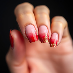 very light pink base gradient to deep red, with golden flakes on the tips