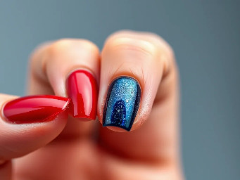 Deep red nails with ring finger nail navy blue with a sparkly star