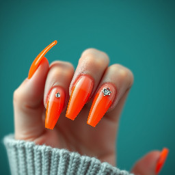 Super long 5xl nails with orange French tips and charms