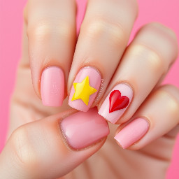 Baby pink background yellow star top and bottom and red heart left and right