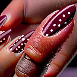 almond shape maroon nail with dark brown polka dots