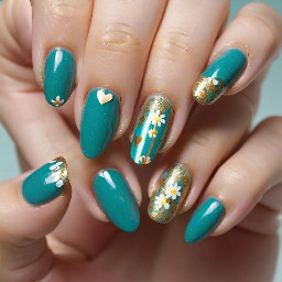 Thumb: Plain, solid no. design teal shimmer Pointer Finger: A soft, licoral base completely covered in tiny gold and teal hearts.Middle Finger: A lighter shimmery teal base decorated strictly with clean white daisies—no leaves or greenery.Ring Finger: A solid, full coat of smooth, metallic soft gold.Pinky Finger: A soft, coral base detailed with crisp vertical stripes and a couple of tiny scattered hearts .ring finger is a soft gold, pointer finger coral with. teal and gold .tiny hearts pinky is coral stripes bu als has s couple tiny heartsin gold an teal.