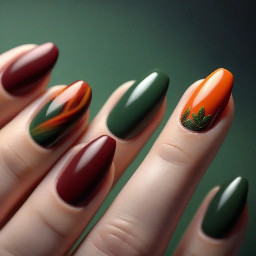 a very simple fall nail art design with the colours dark red, a normal red, dusty orange and dark-ish green