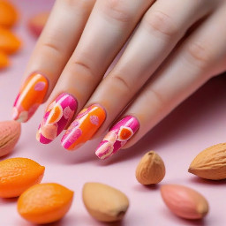 ongles longs en amandes, couleurs orange et rose pop, élégants mais girly