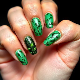 Simple yet intricate nails based on DC villain Poison Ivy. I want them to be badass yet whimsical. Not completely green either