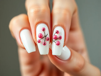 White coquette nails with small pink berries