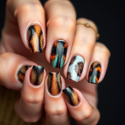 Create multiple images of nail sets with cats eye polish where each nail is a different colour but giving autumn/fall vibes