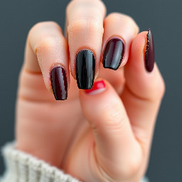 Very dark burgundy nails, black middle finger, sparkle black ring finger