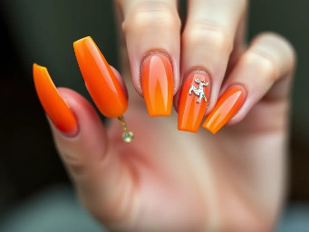 Super long 5xl nails with orange French tips and charms