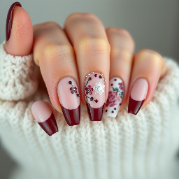 short almond nails with wine red french tips and wine red dots and flowers on some nails