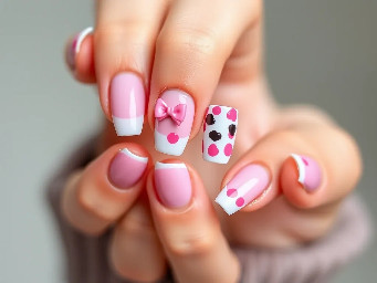 Coquette ballerina/coffin shaped nails with french tips and pink bow charms. Everything has to be pink vibes. One nail has a pink J on it and another a strawberry cow pattern