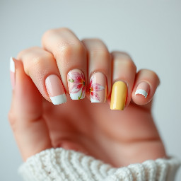 white french tips on index and middle finger a pink lilly and a light yellow lilly on the ring and thumb and one the pinky finder either light pink or light yellow