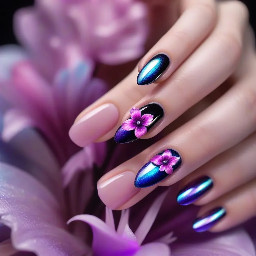 Stilettoblack nails with purple iridescent flower , pink iridescent flower, blue iridescent flower