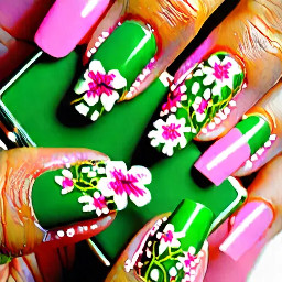 Green pinky nail, white ring finger nail with pink flowers, pink middle finger nail, green pointer finger nail with white flowers, white thumb nail with pink flowers