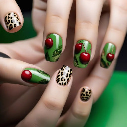 Green nails with leopard print accents and cherries