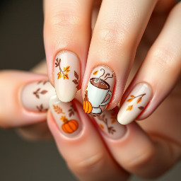 Fall nails almond with coffee cup, pumpkin, leaves, etc but very simple