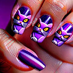 Medium almond shaped nails with purple cat eye nail polish. Each finger has a little design of the purple Pokemon Ditto.