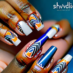 long square nails- ring finger must have OM sign, for the rest of the fingers you can freestyle. make them french tips, must follow shivadelic vibe