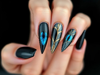 long stiletto nails with blue cat eye, gold chrome, and black designs
