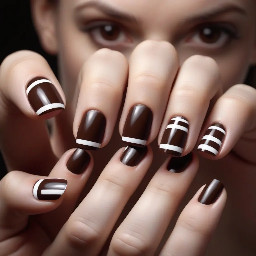 dark brown base with white vertical stripes or every other nail, and white polka dots on the others