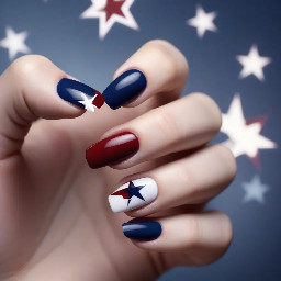 Dark red nails with navy blue ring finger with white star outline