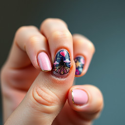 In style of macro photo, single hand, create nail art on fingernails based on: nails centered full view, sharp focus, true color, photoreal, 4k