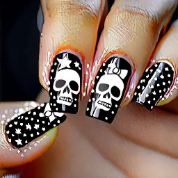 A natural base with black skull nails with black bows white stars
