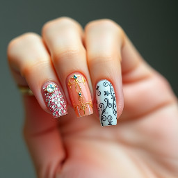 2 hand nail designs one hand with rhinestones and glitter one hand with habd drawn nail art