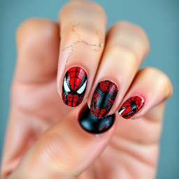 Spider man themed. The middle finger is red with the spider man mask. The ring finger is red with black spider webs. The ring finger is black with a red spider. The thumb and pinky are red with black accents.