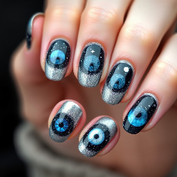 light silver cat eye base, with stars and moon and constellations as design inspo. short round nails. not too cluttered.