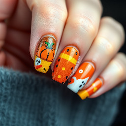 Halloween nails, pumpkin, candy corn, ghosts, patches use browns and oranges