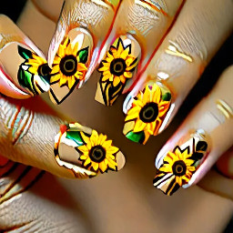 Almond nails nude base with sunflowers and gold accents