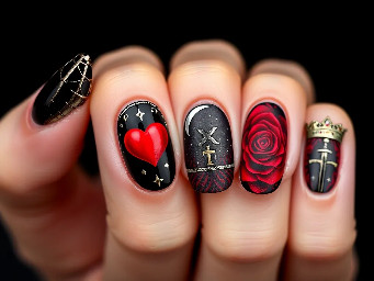 GENERAL REQUIREMENTS  * Extension type: PVC gel extensions, similar to press-on extensions. * Shape: Medium almond. * Color palette: Black, red, and silver, alternating across the nails. * Overall aesthetic: Gothic, dark, mystical, celestial, elegant, and slightly edgy, with metallic details and gemstones. * Finishes: Cat-eye, glass-effect, and metallic finishes, depending on the design of each nail. * Decorations: Fine-line artwork, chains, stars, moons, gemstones, and intricate symbols.  I’d like every nail to have its own unique design while still looking cohesive as a complete set. I’m happy for you to adjust the placement, proportions, and smaller details to ensure the designs look beautiful and aren’t too overcrowded.  LEFT HAND  1. Thumb — Snake & Infinity  * Black cat-eye base, possibly incorporating dark red, depending on what looks best. * A snake design. * A separate infinity symbol. * One small white gemstone placed on the infinity symbol. * One red gemstone on the snake’s head.  Important: The snake and infinity symbol should be two separate elements, not combined into one design.  2. Index Finger — Metal Cage & Heart  * Black cat-eye base. * A cage-like design at the tip, resembling an intricate iron or metal cage. * A red heart in the center, framed by a silver metallic border. * An eight-pointed starburst design. * One small black or white gemstone in the center of the starburst.  I’d like this nail to look dark, sharp, and slightly industrial, with the red heart serving as the focal point.  3. Middle Finger — Celestial Night Sky  * Silver base. * Scattered stars to create a celestial, night-sky effect. * One small crescent moon. * A curved, rainbow-like band in shades of blue, purple, and black. * A small silver Chi (Χ) symbol, representing the Roman numeral X (10). * A tiny silver wine glass. * The Roman numeral X incorporated along the curved band.  Please keep the elements delicate and balanced so the design doesn’t become too busy.  4. Ring Finger — Number 21 Pool Ball  * Red cat-eye base. * A black billiard ball inspired by an eight-ball design. * The number 21 displayed clearly in the center of the ball instead of the usual number.  I’d like the ball to look recognizable as a pool ball, with the number 21 as its defining detail.  5. Pinky — Black Glass & Celestial Flames  * Black glass-effect base. * A moon and stars. * Small gemstones incorporated into the celestial elements. * Silver flame-like details at the bottom of the nail.  The overall effect should feel mystical, dark, and slightly magical.  ⸻  RIGHT HAND  1. Thumb — Silver Chains & Stars  * Black base. * Silver chain details. * A star-shaped chain charm or star charm. * Optionally, one tiny red heart.  I’m unsure whether adding the red heart would make the design too crowded, so please use your judgment. If the heart doesn’t complement the composition, I’m happy to leave it out.  2. Index Finger — Rose Pattern & Custom Sigil  * Red base with a detailed rose pattern. * Place the exact symbol from my attached reference image prominently in the center. * Preserve the original design as closely as possible, including its intricate geometric lines, heart shape, intersecting cross-like elements, and diamond-shaped details. * The symbol should be rendered in antique gold or brushed gold, rather than silver.  Important design notes:  * Please use the uploaded image as the primary reference for the symbol. * Keep the symbol recognizable and preserve its proportions and intricate linework. * The rose pattern should act as the background rather than compete with the symbol. * Gold should be reserved primarily for this symbol, making it the statement design of the entire set.  I’d like this nail to resemble an intricate, antique mystical sigil against deep red roses.  3. Middle Finger — Moon Phases & Crown  * Black-and-red glass-effect base. * A three-moon-phase design arranged in this order: 🌒 🌕 🌘 * If possible, incorporate a crown into the composition.  I’m not entirely sure how to combine the moon phases and crown, so I’d love your creative input. Please make the elements flow naturally together without overcrowding the nail.  The overall aesthetic should feel regal, celestial, and mysterious.  4. Ring Finger — Eight-Pointed Star  * Silver base. * One black eight-pointed starburst in the center. * One red gemstone in the center of the star.  Please make the star symmetrical, sharp, and clearly defined against the silver background.  5. Pinky — Queen’s Crown & Sword  * A queen’s crown and a sword. * The crown should look elegant and regal, with white gemstones. * The sword should feature a red gemstone in its center. * Add a few small blood-drop details near the tip of the sword.  I’d like this design to feel dark, royal, and powerful, with the white and red gemstones creating contrast against the darker aesthetic.  ⸻  FINAL DESIGN DIRECTION  The overall concept is a combination of dark gothic elegance, celestial symbolism, mystical imagery, and royal elements.  Please prioritize the following:  1. Cohesion: All ten nails should look like parts of the same collection, even though each nail has a different design. 2. Color balance: Black, red, and silver should remain the dominant colors. Gold should be a special accent, primarily reserved for the sigil on the right index finger. 3. Fine details: I love intricate designs, but I still want the main symbols to be recognizable and visually clear. 4. Gemstones: Please use them strategically to highlight important details rather than placing too many gems on every nail. 5. Visual hierarchy: The most intricate designs should remain the focal points, particularly the gold sigil, snake, cage and heart, and crown and sword. 6. Practicality: Since these are medium almond nails, please adjust the scale of the artwork to fit the available nail surface while preserving the important details.  I’m open to your professional suggestions if any elements need to be simplified, repositioned, or adjusted to make the set look more elegant.  The most important thing is to preserve the overall concept and the key details of each nail while making the entire set look cohesive, detailed, and beautifully executed.