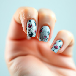 In style of macro photo, single hand, create nail art on fingernails based on: nails centered full view, sharp focus, true color, photoreal, 4k