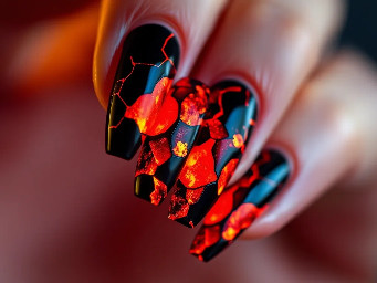 molten-lava-themed manicure. Picture glossy stiletto nails with a charred matte black base that "cracks" open to reveal a glowing, neon orange and fiery red shimmer underneath, finished with a thick 3D clear gel to mimic bubbling volcanic glass.