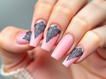 create square shaped medium lenght nails with a pink base colour and black lace in top