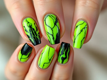make me a long stilleto nail set thats neon green and black and cyber goth stle